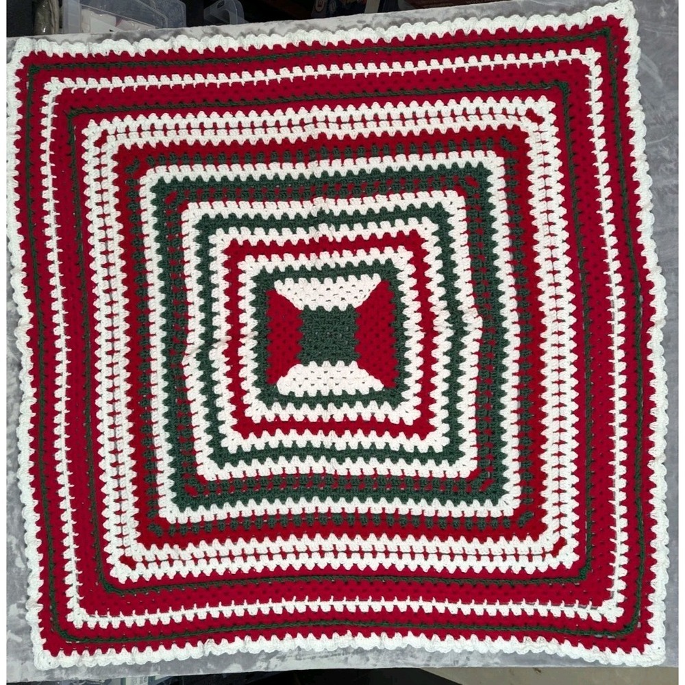 VTG Christmas Crochet Afghan Throw 45x45 Red Green White Granny Square Handmade